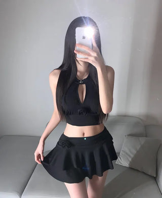 Halter Neck Slit Tiered Skirt Bikini Swimwear Monokini