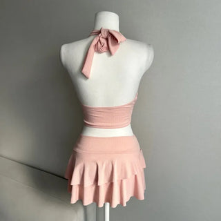 Halter Neck Slit Tiered Skirt Bikini Swimwear Monokini
