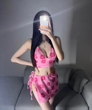Terry Flower Cover-up Skirt Bikini Set Halterneck Daily