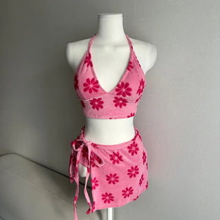 Terry Flower Cover-up Skirt Bikini Set Halterneck Daily