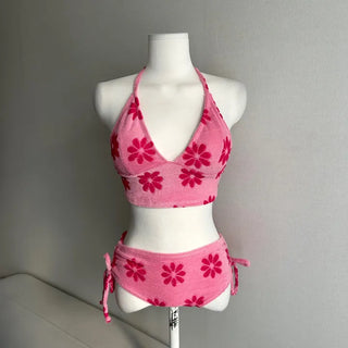 Terry Flower Cover-up Skirt Bikini Set Halterneck Daily