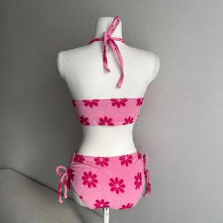 Terry Flower Cover-up Skirt Bikini Set Halterneck Daily