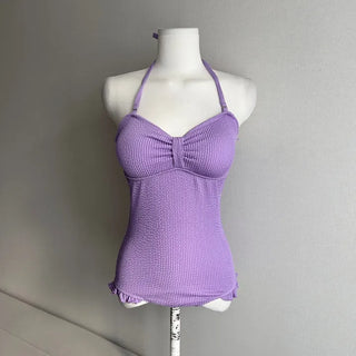 Ribbon Halterneck Frill Monokini Rash Guard One-piece Swimsuit