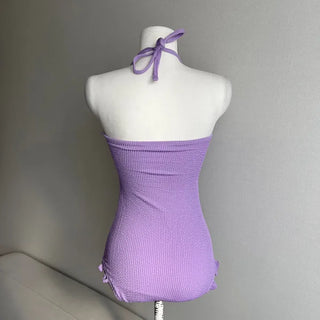 Ribbon Halterneck Frill Monokini Rash Guard One-piece Swimsuit