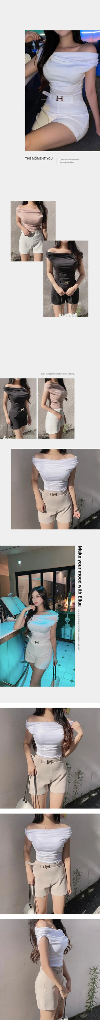Drape Off-Shoulder Shirred Short Sleeve T-Shirt