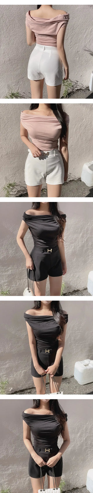 Drape Off-Shoulder Shirred Short Sleeve T-Shirt