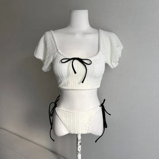 Black Contrast Ribbon Short Sleeve Puff Bikini Velvet