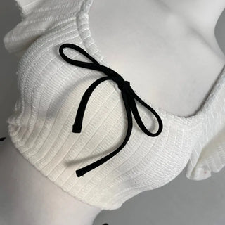 Black Contrast Ribbon Short Sleeve Puff Bikini Velvet