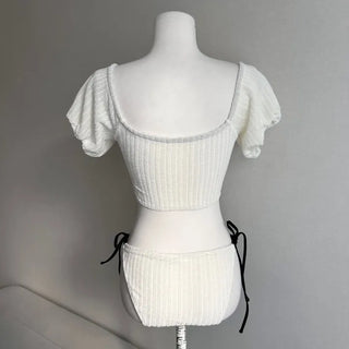 Black Contrast Ribbon Short Sleeve Puff Bikini Velvet