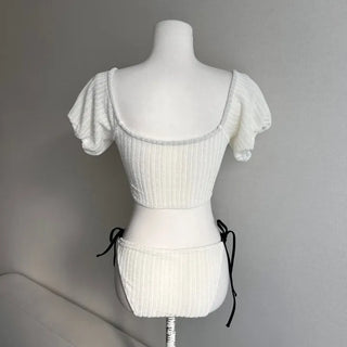 Black Contrast Ribbon Short Sleeve Puff Bikini Velvet