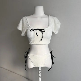 Black Contrast Ribbon Short Sleeve Puff Bikini Velvet