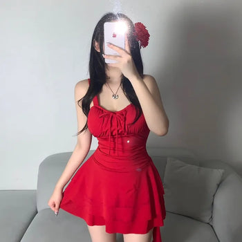 Resort Corsage Flower Red Ribbon Shirred One-piece Swimsuit