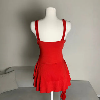 Resort Corsage Flower Red Ribbon Shirred One-piece Swimsuit