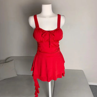 Resort Corsage Flower Red Ribbon Shirred One-piece Swimsuit