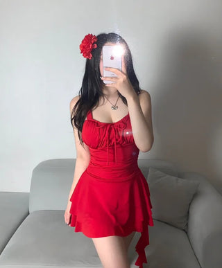 Resort Corsage Flower Red Ribbon Shirred One-piece Swimsuit