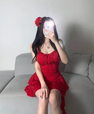 Resort Corsage Flower Red Ribbon Shirred One-piece Swimsuit