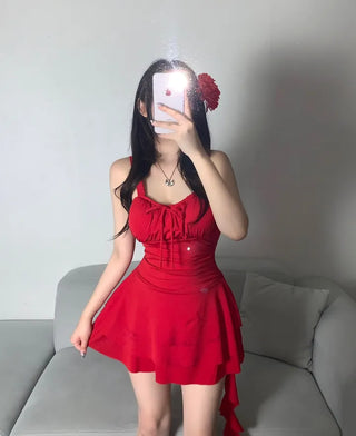 Resort Corsage Flower Red Ribbon Shirred One-piece Swimsuit