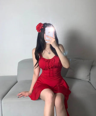 Resort Corsage Flower Red Ribbon Shirred One-piece Swimsuit