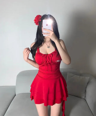 Resort Corsage Flower Red Ribbon Shirred One-piece Swimsuit