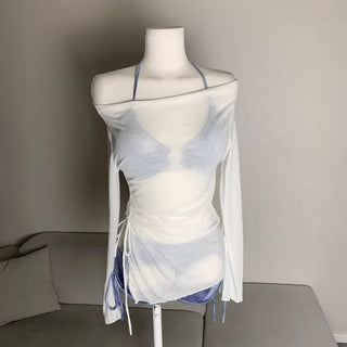 Cover-up Bikini Piece Set Off-shoulder Knit See-through Swimwear