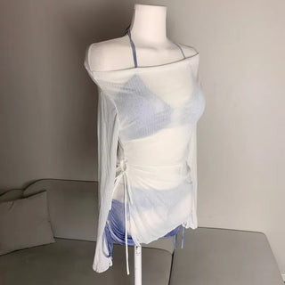 Cover-up Bikini Piece Set Off-shoulder Knit See-through Swimwear