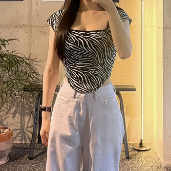 Zebra Cap Sleeve Square Neck Rounded T-Shirt Short