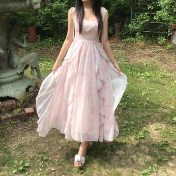 Pink Chiffon Frill Bustier Dress Sleeveless Long Flare