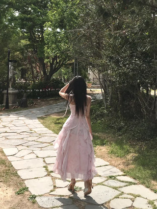 Pink Chiffon Frill Bustier Dress Sleeveless Long Flare