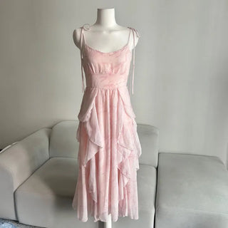 Pink Chiffon Frill Bustier Dress Sleeveless Long Flare