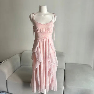 Pink Chiffon Frill Bustier Dress Sleeveless Long Flare
