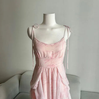 Pink Chiffon Frill Bustier Dress Sleeveless Long Flare