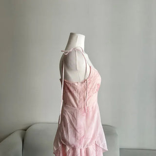Pink Chiffon Frill Bustier Dress Sleeveless Long Flare