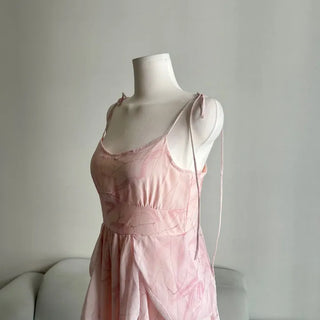 Pink Chiffon Frill Bustier Dress Sleeveless Long Flare