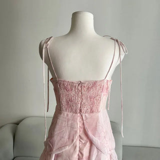 Pink Chiffon Frill Bustier Dress Sleeveless Long Flare