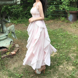 Pink Chiffon Frill Bustier Dress Sleeveless Long Flare