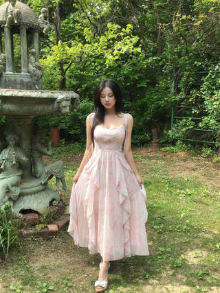 Pink Chiffon Frill Bustier Dress Sleeveless Long Flare