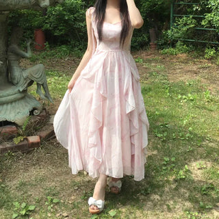 Pink Chiffon Frill Bustier Dress Sleeveless Long Flare