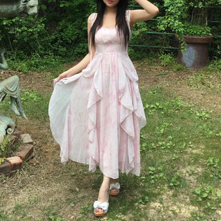 Pink Chiffon Frill Bustier Dress Sleeveless Long Flare