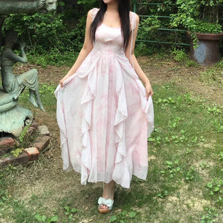 Pink Chiffon Frill Bustier Dress Sleeveless Long Flare