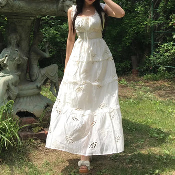Perforated Bohemian Ethnic Sleeveless Dress Long Vacation Look