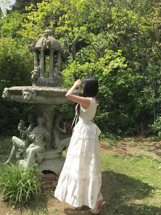 Perforated Bohemian Ethnic Sleeveless Dress Long Vacation Look