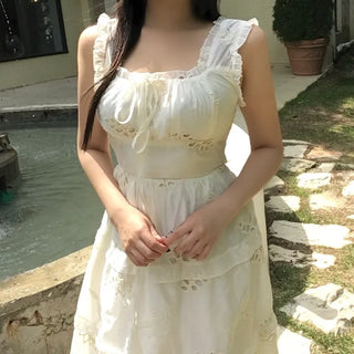 Perforated Bohemian Ethnic Sleeveless Dress Long Vacation Look