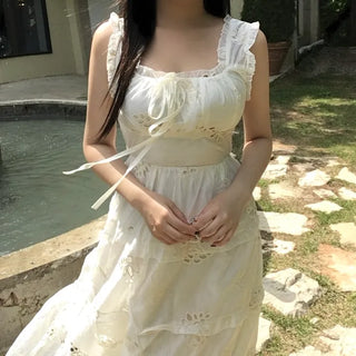 Perforated Bohemian Ethnic Sleeveless Dress Long Vacation Look