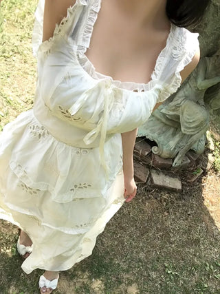 Perforated Bohemian Ethnic Sleeveless Dress Long Vacation Look