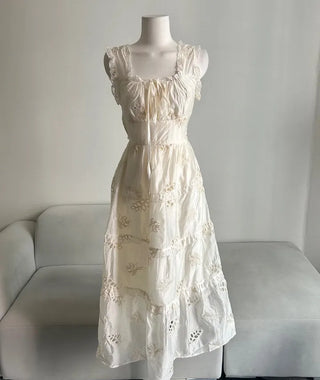 Perforated Bohemian Ethnic Sleeveless Dress Long Vacation Look
