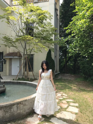 Perforated Bohemian Ethnic Sleeveless Dress Long Vacation Look