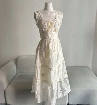 Perforated Bohemian Ethnic Sleeveless Dress Long Vacation Look