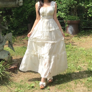 Perforated Bohemian Ethnic Sleeveless Dress Long Vacation Look