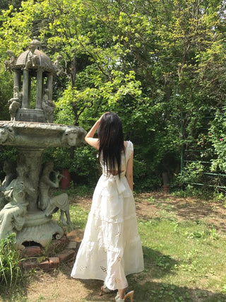 Perforated Bohemian Ethnic Sleeveless Dress Long Vacation Look
