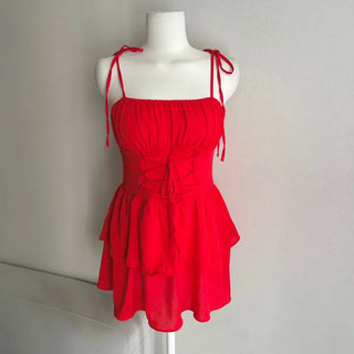 Corset Eyelet Smocked Tiered Shirred Dress Ribbon Mini